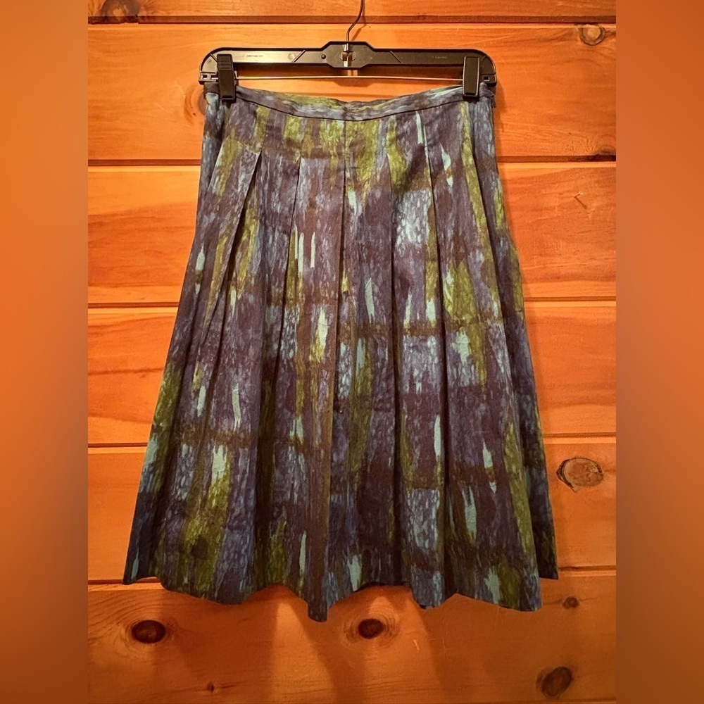 Talbots Skirt Women’s 2 Blue Green Cotton Spandex Pleated Side Zip Workwear